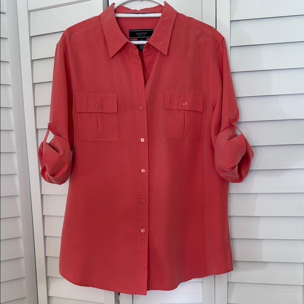 Jones Wear Pink 3/4 Sleeve Notched Collar Button Down Shirt Size 16
